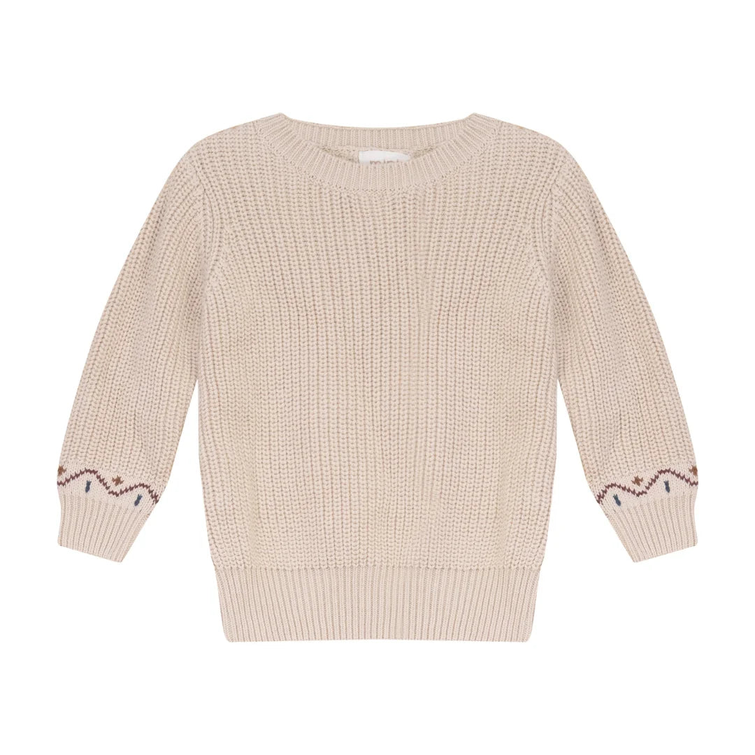 A front view of the Mini P cream chunky knit baby crewneck sweater.