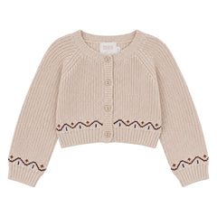 A front view of the Mini P cream knit baby cardigan sweater.