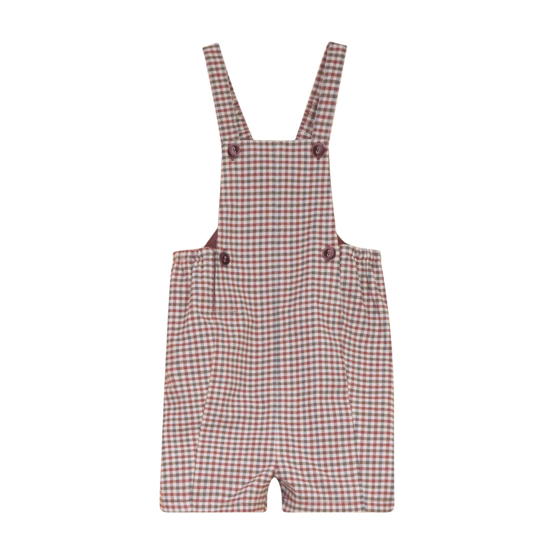A front view of the Mini P burgundy velvet and plaid holiday overall for infants and toddlers.