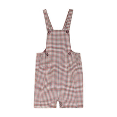 A front view of the Mini P burgundy velvet and plaid holiday overall for infants and toddlers.