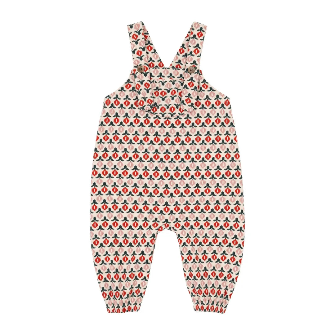 front view of the Mini P cream printed corduroy romper for infants and toddlers.