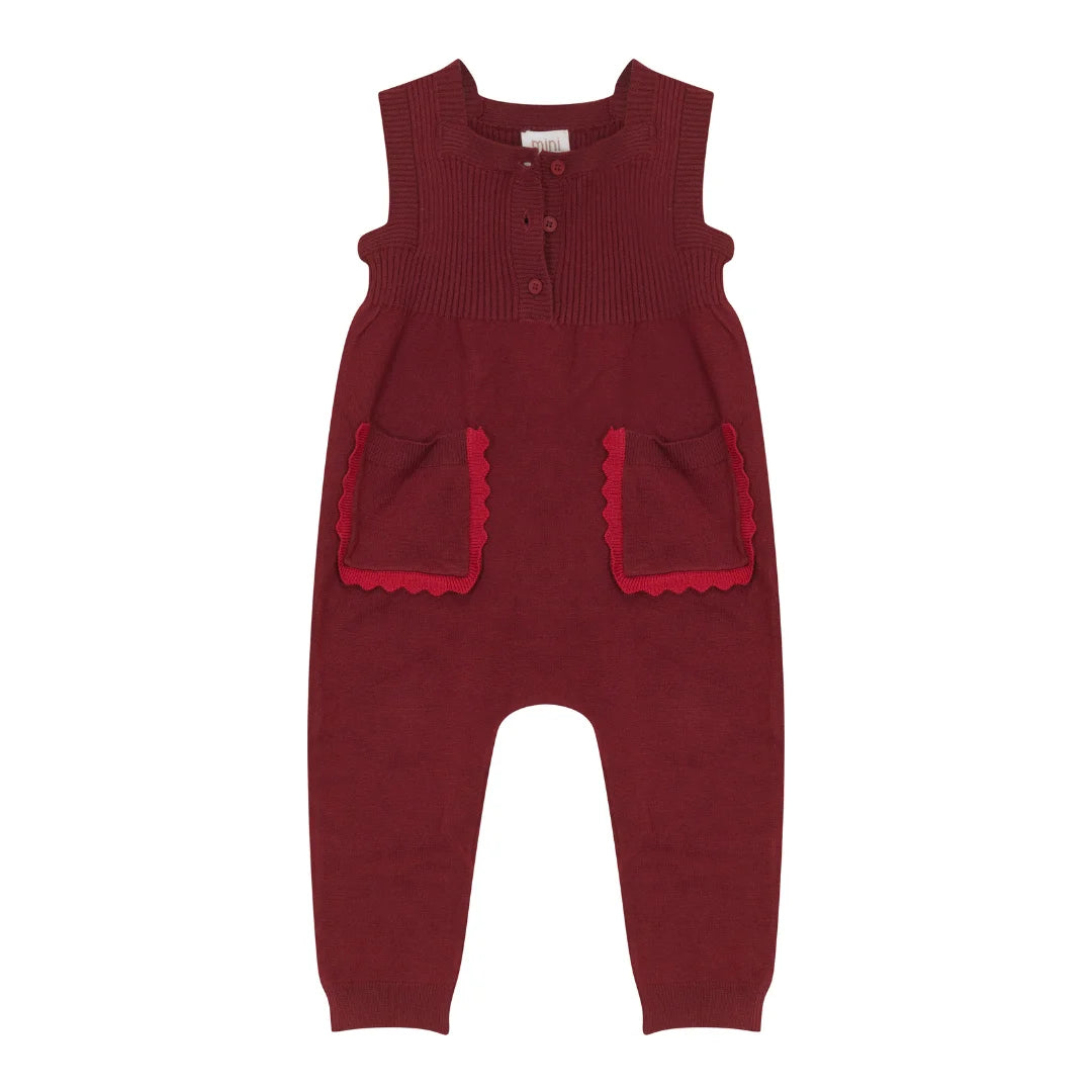 A front view of the Mini P tonal red knit baby romper.
