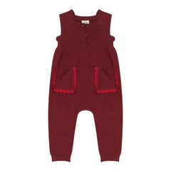 A front view of the Mini P tonal red knit baby romper.