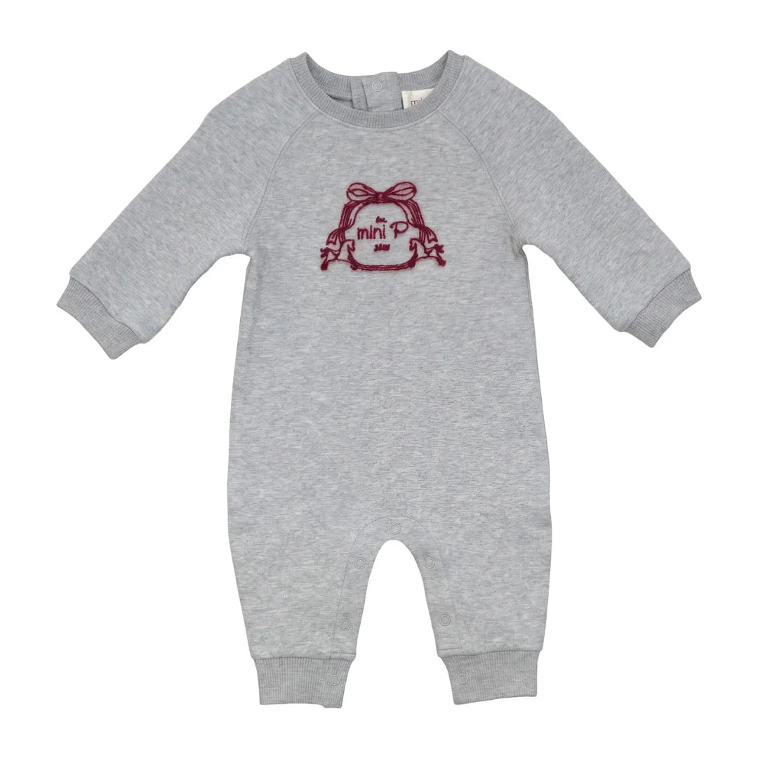 A front view of the Mini P grey and red onesie with velvet emblem.