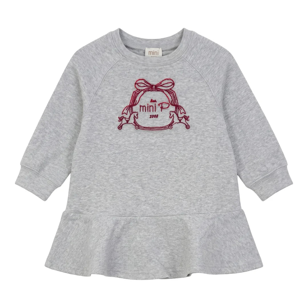 A front view of the Mini P grey and red fleece sweat dress with velvet emblem.