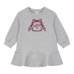 A front view of the Mini P grey and red fleece sweat dress with velvet emblem.