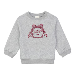 A front view of the Mini P grey and red fleece sweatshirt with velvet emblem.