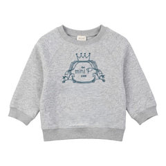 A front view of the Mini P grey and teal fleece sweatshirt with velvet emblem.