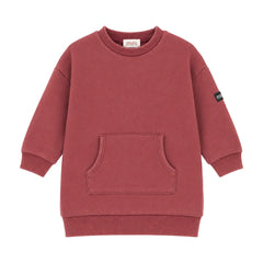 A front view of the Mini P red washed fleece dress with frill pockets.