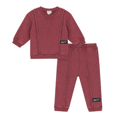 A front view of the Mini P red washed sweatshirt and pant set.