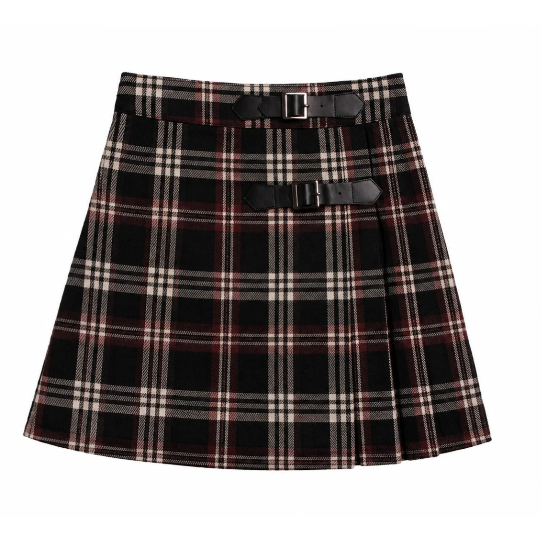 A front view of the Mode Avant burgundy pleated skirt with black accents for girls.