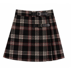A front view of the Mode Avant burgundy pleated skirt with black accents for girls.
