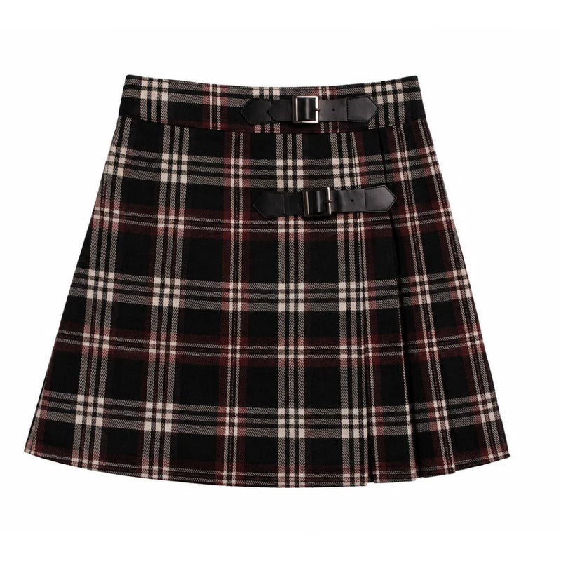 A front view of the Mode Avant burgundy pleated skirt with black accents for girls.