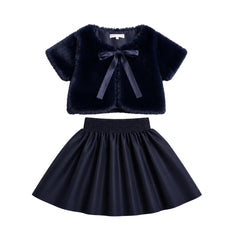 A front view of the Mode Avant 2-piece girls' faux fur shrug and taffeta skirt set.