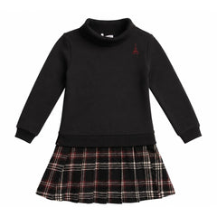 A front view of the Mode Avant girls' sweatshirt dress with a pleated plaid skirt.