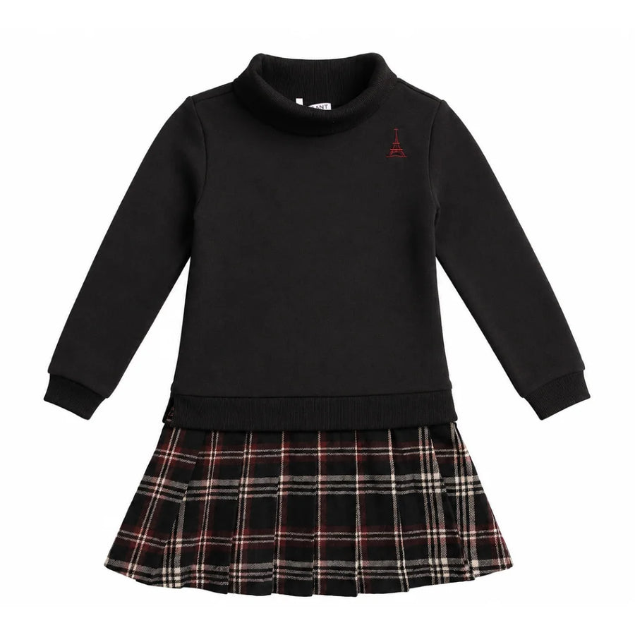 A front view of the Mode Avant girls' sweatshirt dress with a pleated plaid skirt.