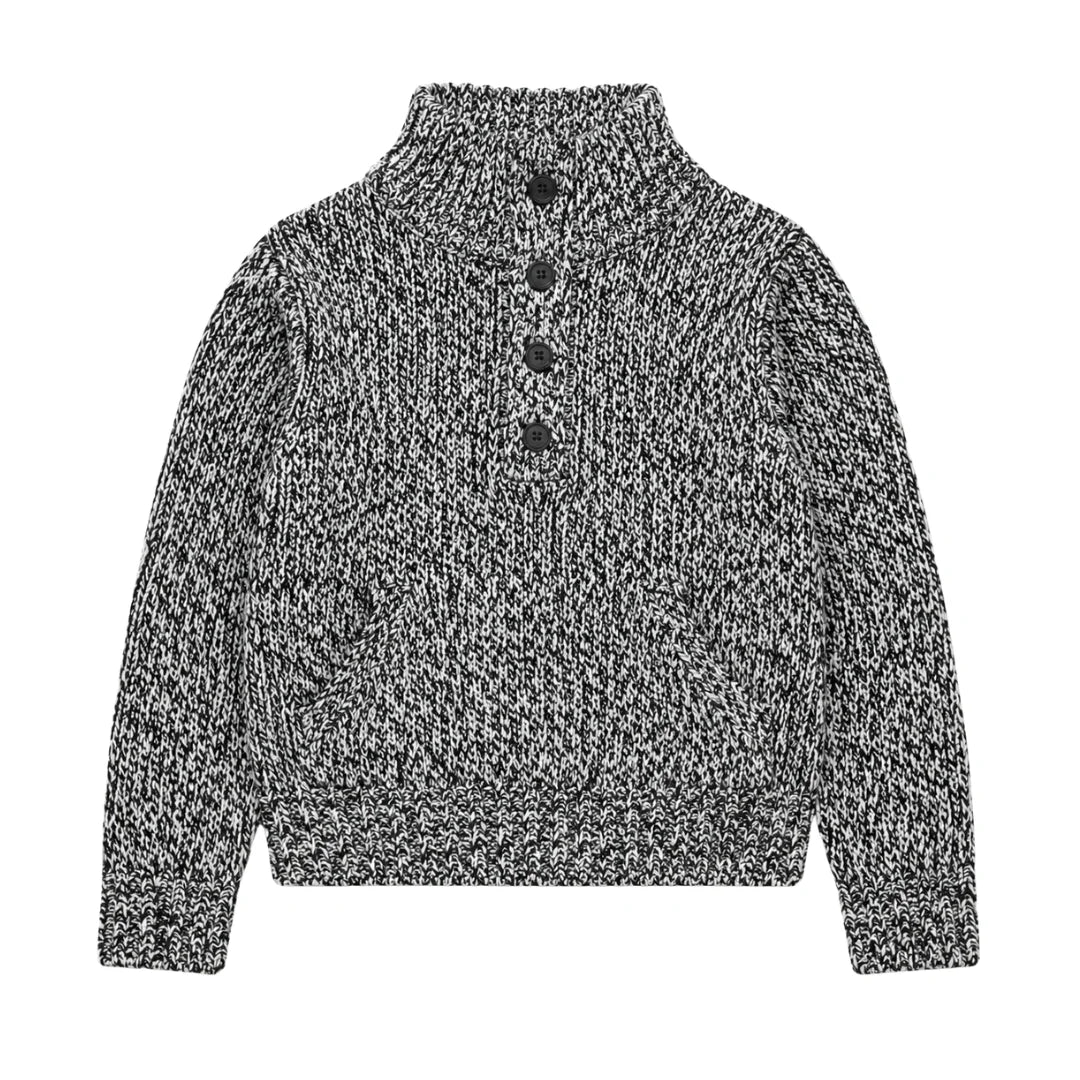 front view of the N21 black half-buttoned funnel neck speckled sweater.