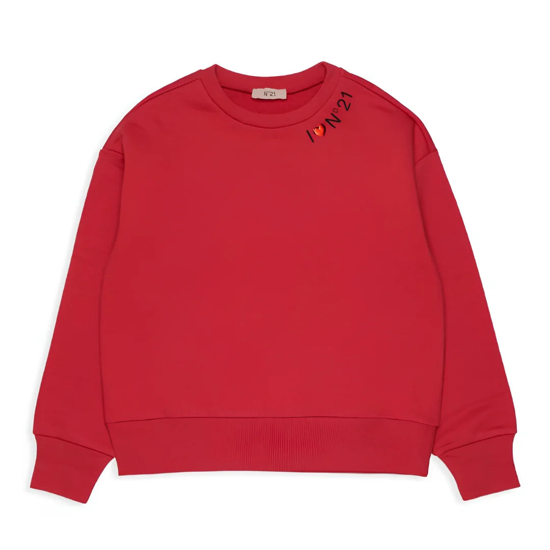 Red sweatshirt with a logo on the chest against a white background