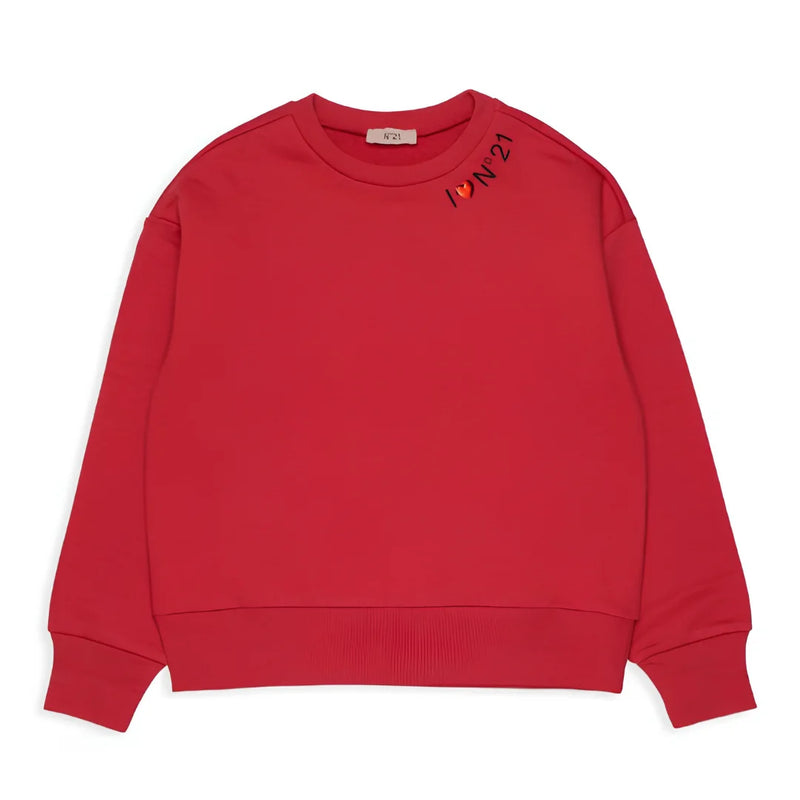 Red sweatshirt with a logo on the chest against a white background