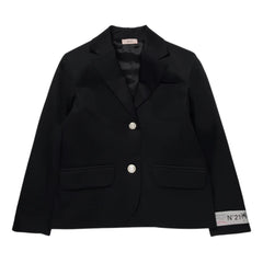 A front view of the structured N°21 Kids black blazer with an embroidered logo patch.