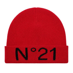 front view of the N21 coral red knit beanie with logo.
