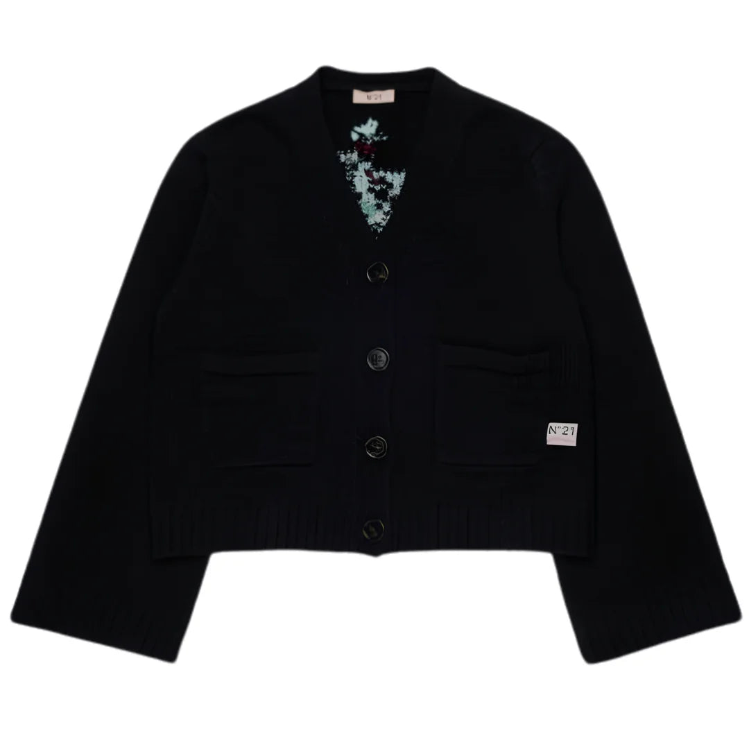 A front view of the simple black N21 knit cardigan for girls.