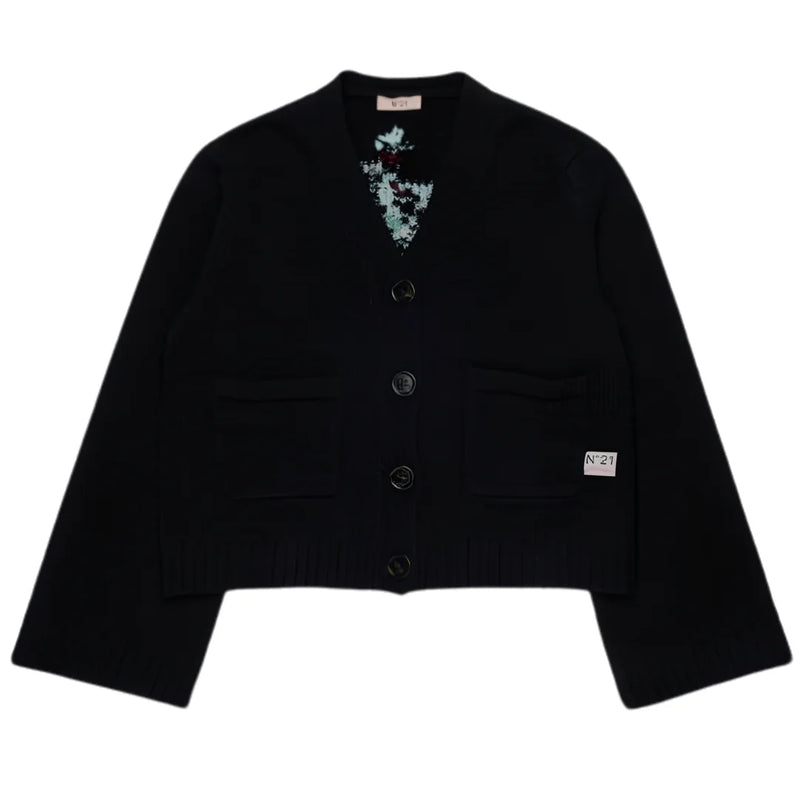A front view of the simple black N21 knit cardigan for girls.