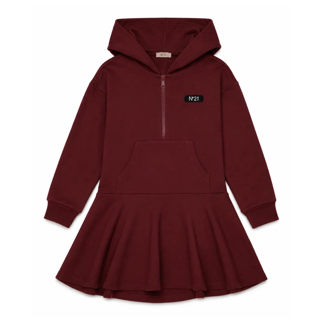 A front view of the N21 maroon long sleeve hooded half-zip sweat dress for girls.
