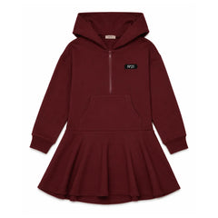 A front view of the N21 maroon long sleeve hooded half-zip sweat dress for girls.