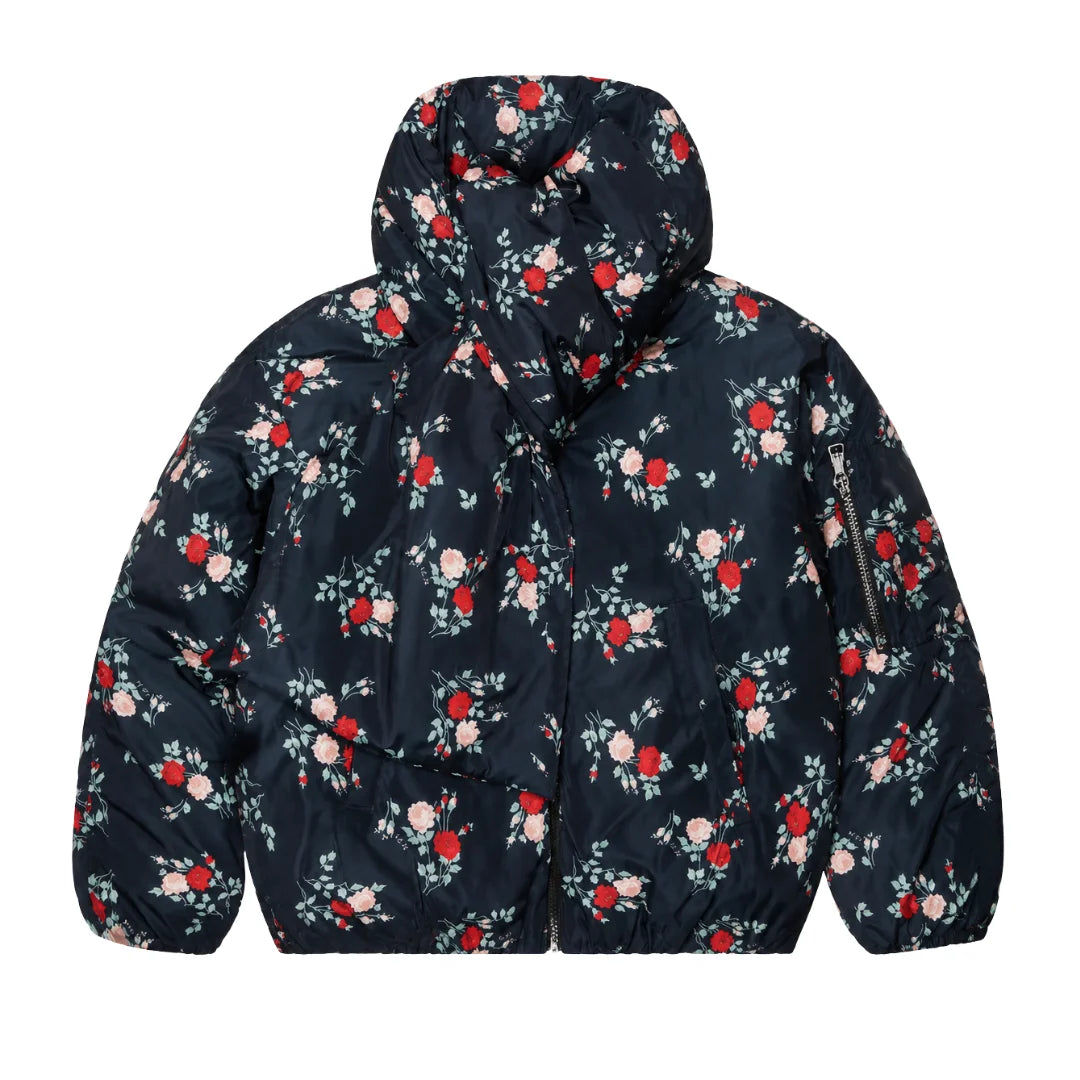 A front view of the N21 floral puffer jacket with attached scarf for girls.