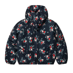 A front view of the N21 floral puffer jacket with attached scarf for girls.