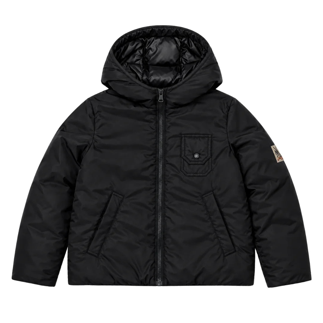 A front view of the N21 short puffer jacket with hood in black.