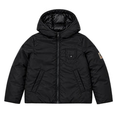 A front view of the N21 short puffer jacket with hood in black.