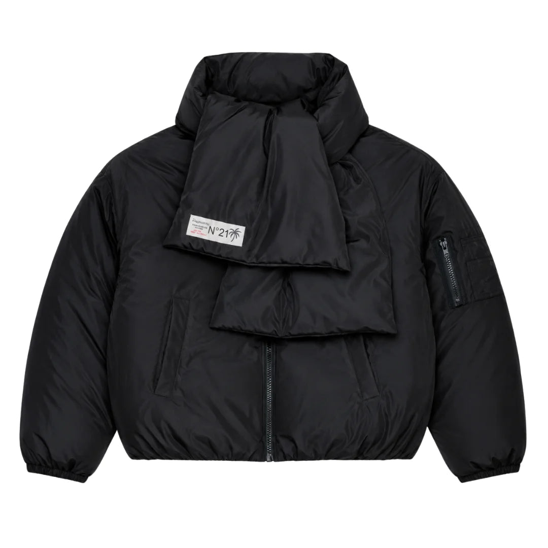 A front view of the N21 puffer jacket with attached scarf for girls.