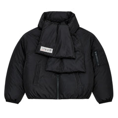 A front view of the N21 puffer jacket with attached scarf for girls.