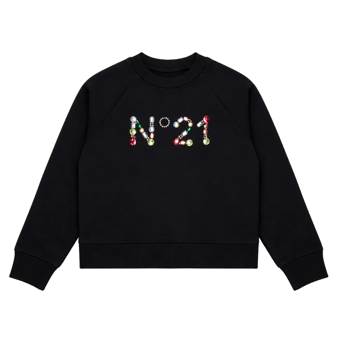front view of the N21 sweatshirt with logo in multicolored stones.
