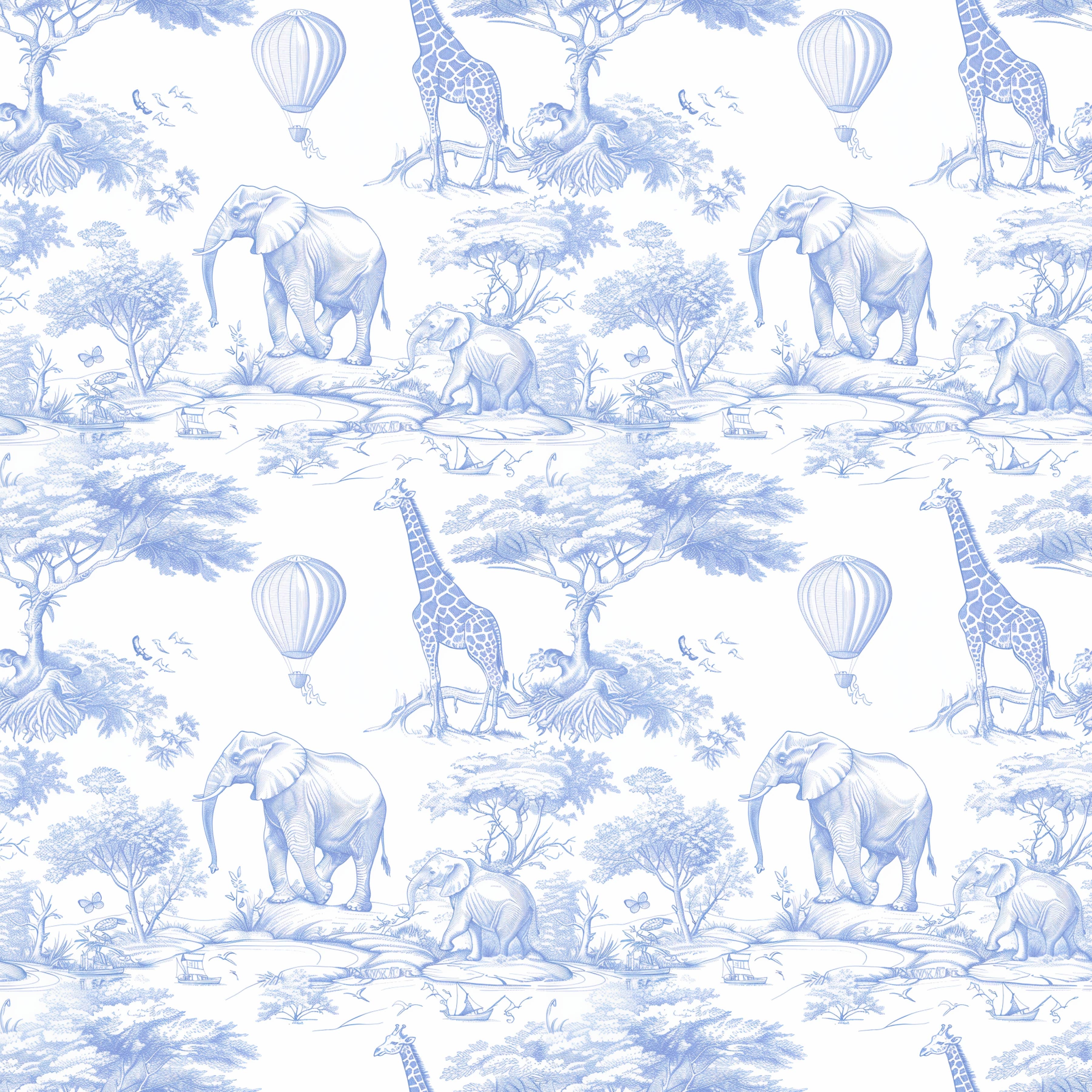 Pattern of blue animals and hot air balloons on a white background