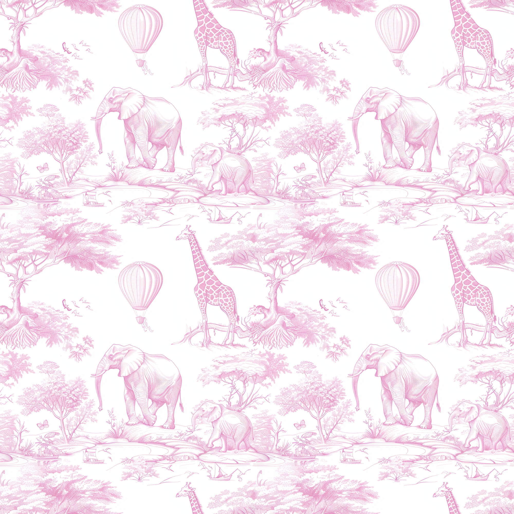 Pattern of pink animals and hot air balloons on a white background