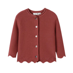 front view of the Nou Nelle rust brown scallop cardigan for children.
