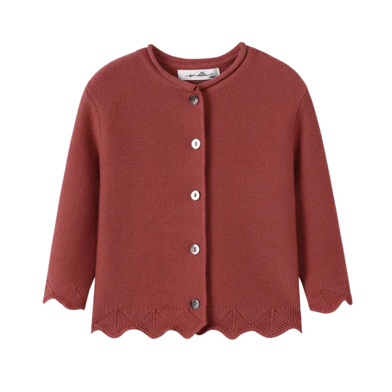 front view of the Nou Nelle rust brown scallop cardigan for children.