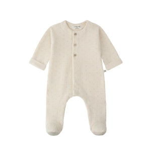 A three-piece baby bedding set featuring a footed sleeper, a beanie, and a blanket, all with matching light pink and white horizontal stripes, laid out on a solid white background.