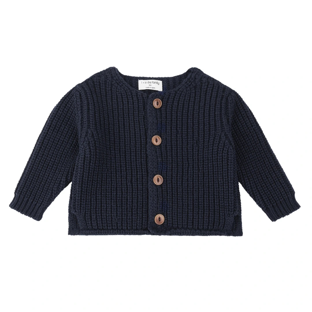 A breathtaking 1+ in the Family Antibes-bb Knit Cardigan in Blue, showcasing its authoritative architectural fit and refined Spanish knit texture.