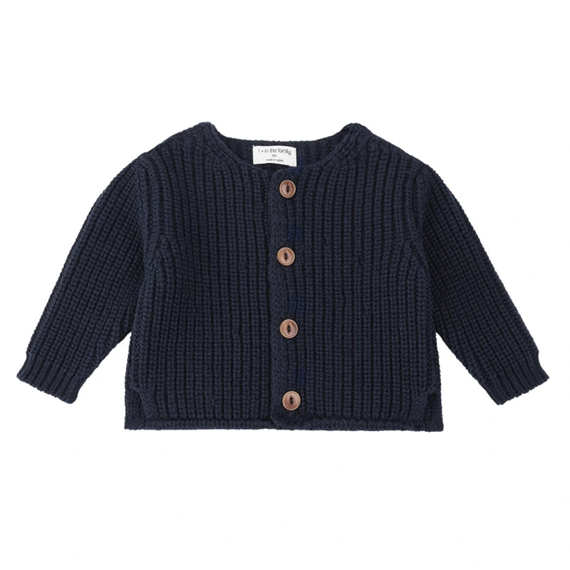 A breathtaking 1+ in the Family Antibes-bb Knit Cardigan in Blue, showcasing its authoritative architectural fit and refined Spanish knit texture.