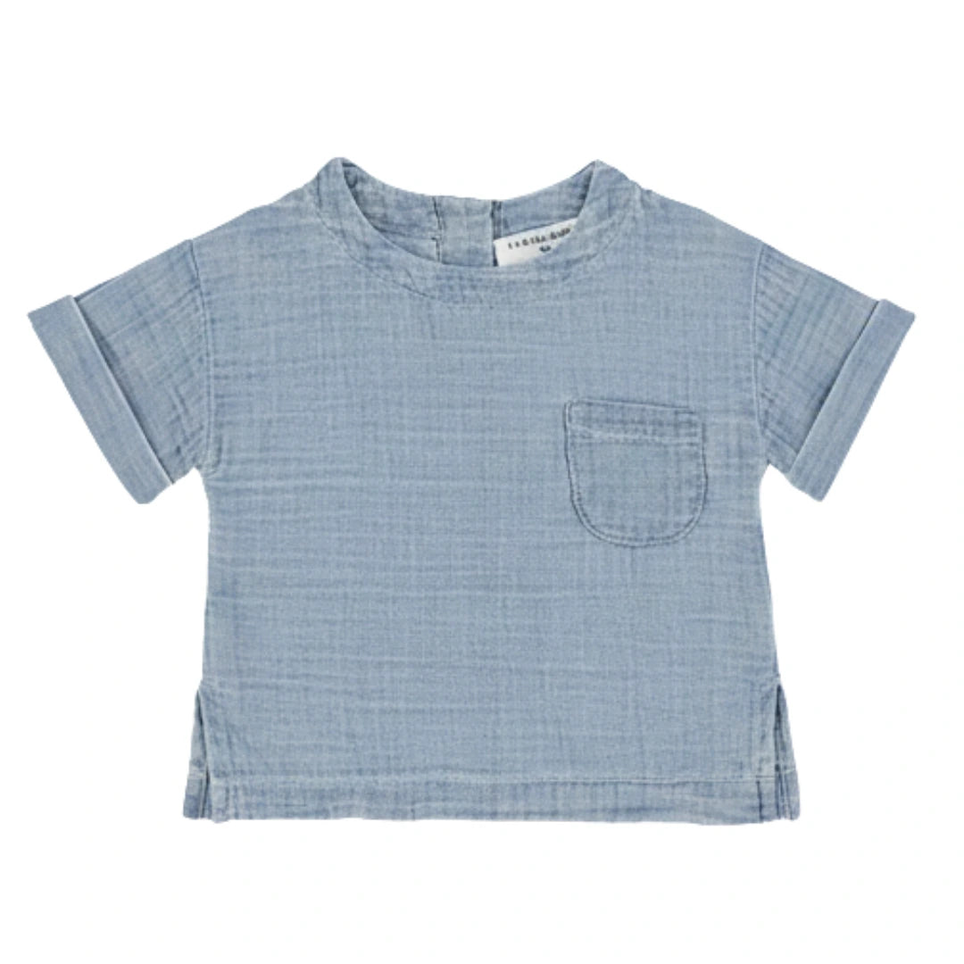 A breathtaking 1+ in the Family Benedetto Denim Shirt, showcasing its authoritative architectural tailoring and premium washed indigo denim texture.