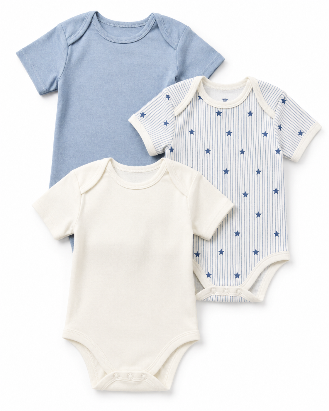 Three baby bodysuits in blue, white, and striped patterns on a white background