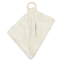 A sophisticated Peluche Bebe Mini Lux Fur Teether in an organic Natural hue, featuring high-density plush fabric looped through a smooth, architectural wooden ring.