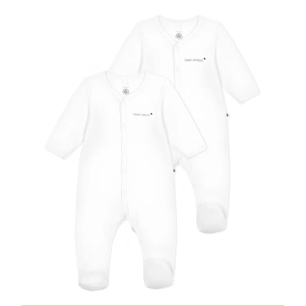 A breathtaking Petit Bateau 2-pack of baby footies featuring immaculate white velour and a cozy footed silhouette.