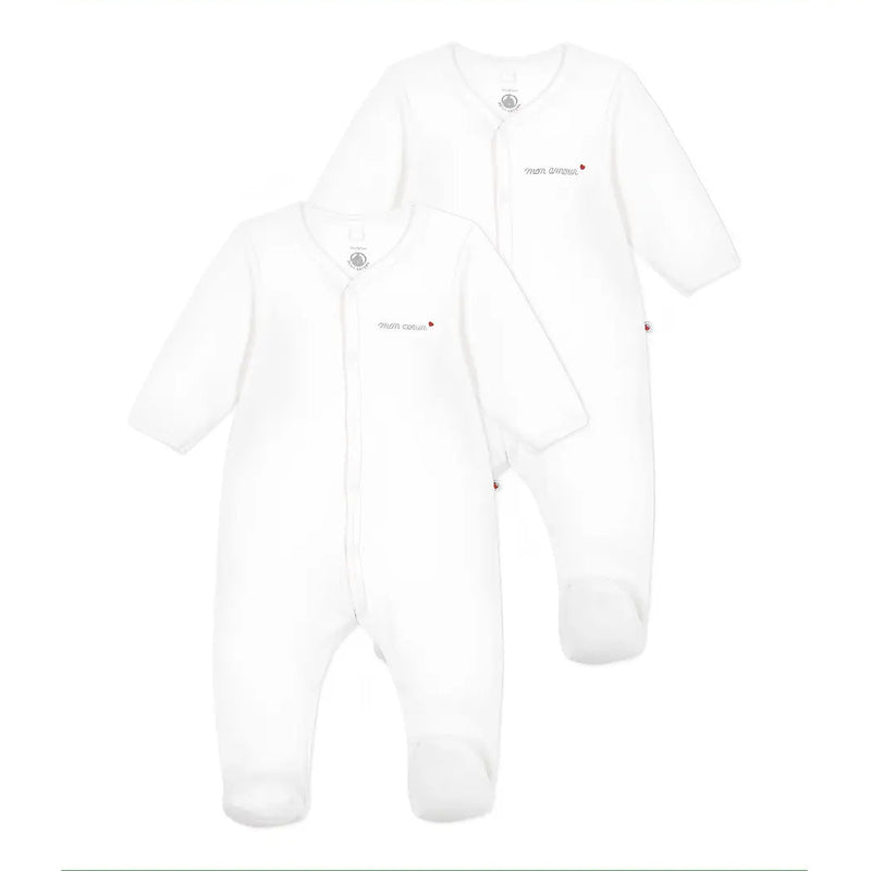 A breathtaking Petit Bateau 2-pack of baby footies featuring immaculate white velour and a cozy footed silhouette.