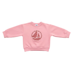 A breathtaking Petit Bateau baby girl pullover sweatshirt featuring an immaculate pink palette and a classic heritage boat logo graphic.