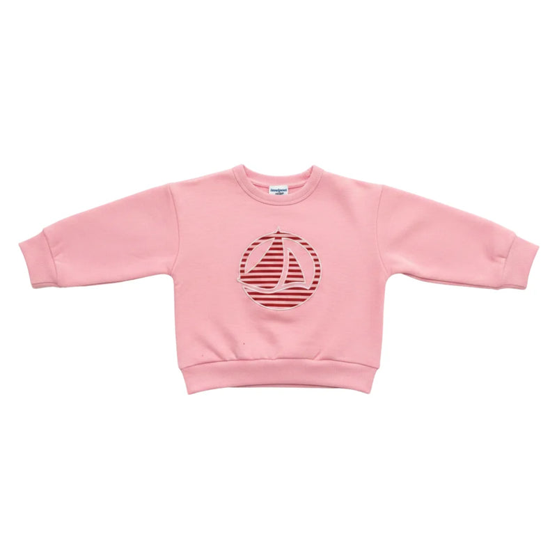 A breathtaking Petit Bateau baby girl pullover sweatshirt featuring an immaculate pink palette and a classic heritage boat logo graphic.